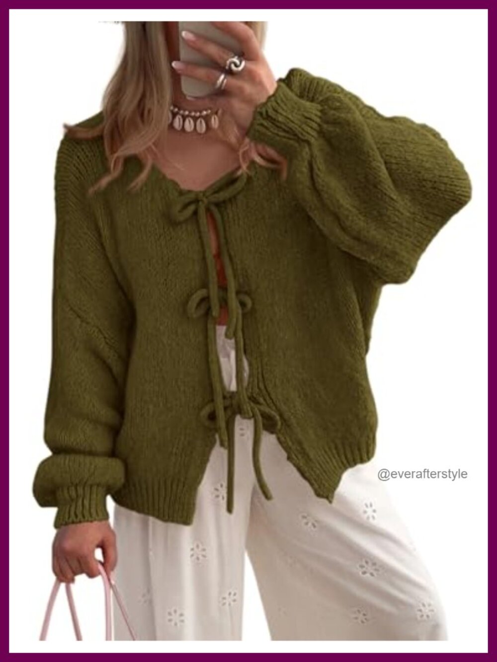 Tie Front Bow Cardigan Cable Knit Puff Sleeve Open Front Sweater